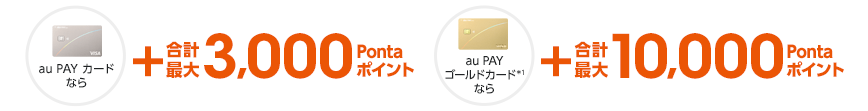 au PAY カードなら＋合計最大3,000Pontaポイント au PAY ゴールドカードなら＋合計最大10,000Pontaポイント