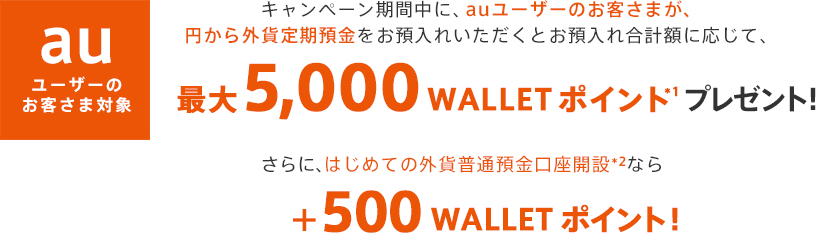 キャンペーン期間中に、外貨定期預金をお預入れいただくとお預入れ合計額に応じて、最大5,000 WALLET  ポイント*1プレゼント！さらに、はじめての外貨預金口座開設*2なら＋500 WALLET ポイント! 