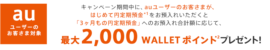 キャンペーン期間中に、はじめての円定期預金*1をお預入れいただくと「3ヶ月もの円定期預金」へのお預入れ合計額に応じて、最大2,000 WALLET ポイント*2プレゼント！