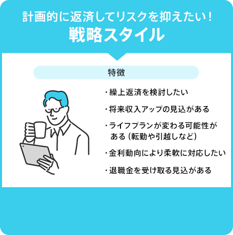 「リスクを抑えたい！戦略スタイル。特徴:繰上返済を検討したい・将来収入アップの見込がある・ライフプランが変わる可能性がある（転勤や引越しなど）・金利動向により柔軟に対応したい・退職金を受け取る見込がある」