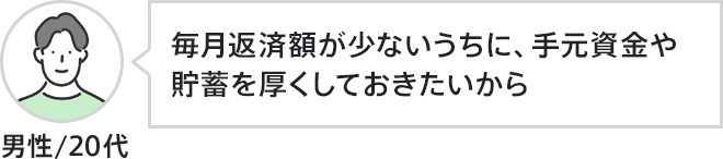 男性、20代。毎月返済額が少ないうちに、手元資金や貯蓄を厚くしておきたいから