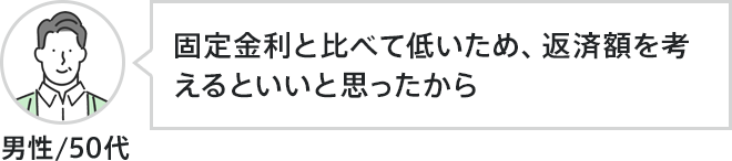 男性、50代。固定金利と比べて低いため、返済額を考えるといいと思ったから