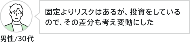 男性、30代。固定よりリスクはあるが、投資をしているので、その差分も考え変動にした