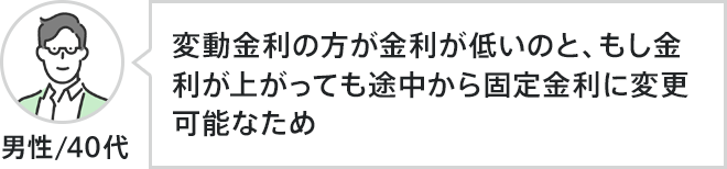 男性、40代。変動金利の方が金利が低いのと、もし金利が上がっても途中から固定金利に変更可能なため