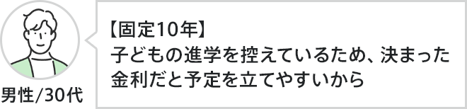 男性、30代。【固定10年】子どもの進学を控えているため、決まった金利だと予定を立てやすいから
