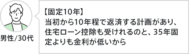 男性、30代。【固定10年】当初から10年程で返済する計画があり、住宅ローン控除も受けれるのと、35年固定よりも金利が低いから