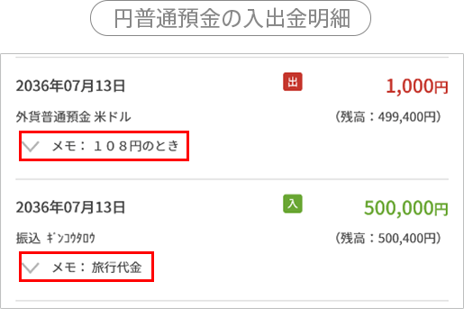 入出金明細にメモをつけられます