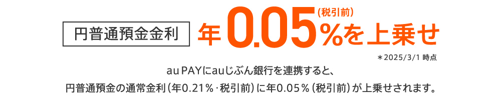 円普通預金金利 年0.05％（税引前）を上乗せ ＊2025/3/1 時点 au PAYにauじぶん銀行を連携すると、円普通預金の通常金利（年0.21％・税引前）に年0.05％（税引前）が上乗せされます。