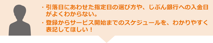 ・引落日にあわせた指定日の選び方や、じぶん銀行への入金日がよくわからない。・登録からサービス開始までのスケジュールを、わかりやすく表記してほしい!