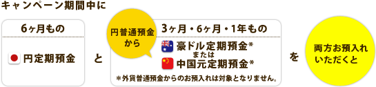 キャンペーン期間中に「6ヶ月もの円定期預金」と「3ヶ月・6ヶ月・1年もの豪ドルまたは中国元定期預金（外貨普通預金からのお預入れは対象となりません）」を両方お預入れいただくと