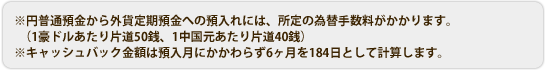 ※円普通預金から外貨定期預金への預入れには、所定の為替手数料がかかります。（1豪ドルあたり片道50銭、1中国元あたり片道40銭）※キャッシュバック金額は預入月にかかわらず6ヶ月を184日として計算します。