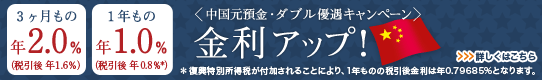 ＜中国元預金ダブル優遇キャンペーン＞預入期間3ヶ月・1年 金利アップ！ 詳しくはこちら