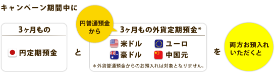 キャンペーン期間中に「3ヶ月もの円定期預金」と「3ヶ月もの米ドル・ユーロ豪ドル・中国元定期預金（※外貨普通預金からのお預入れは対象となりません）」を両方お預入れいただくと