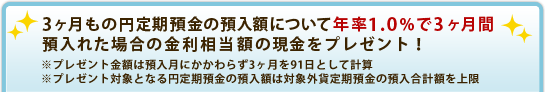 3ヶ月もの円定期預金の預入額について年率1.0％で3ヶ月間預入れた場合の金利相当額の現金をプレゼント！※プレゼント金額は預入月にかかわらず3ヶ月を91日として計算※プレゼント対象となる円定期預金の預入額は対象外貨定期預金の預入合計額を上限