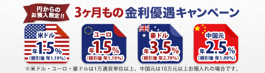 ＜円→外貨定期限定！＞3ヶ月もの外貨定期預金 金利アップキャンペーン