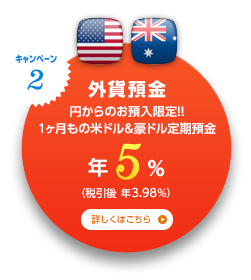 キャンペーン2 外貨預金 円からのお預入限定！！ 1ヶ月もの米ドル＆豪ドル定期預金 年5％ （税引後 年3.98％） 詳しくはこちら