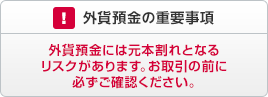 外貨預金の重要事項 外貨預金には元本割れとなるリスクがあります。お取引の前に必ずご確認ください。