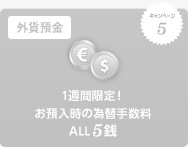 キャンペーン5 外貨預金 1週間限定！お預入時の為替手数料 ALL5銭