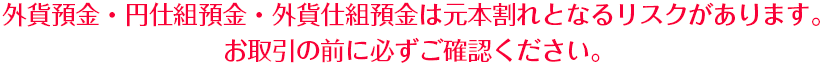 外貨預金・円仕組預金・外貨仕組預金は元本割れとなるリスクがあります。お取引の前に必ずご確認ください。