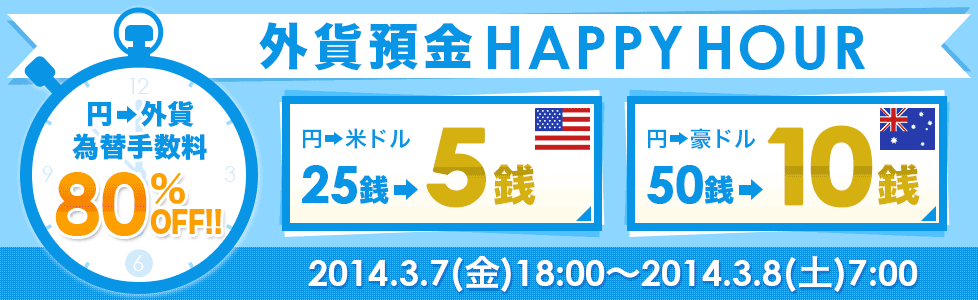 外貨預金HAPPYHOUR
 円→外貨為替手数料80%OFF!!円→米ドル25銭→5銭 円→豪ドル50銭→10銭 2014.3.7（金）18：00～2014.3.8（土）7：00