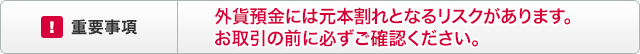 重要事項 外貨預金には元本割れとなるリスクがあります。お取引の前に必ずご確認ください。