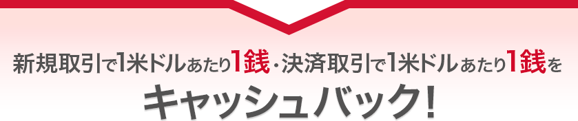 新規取引で1米ドルあたり1銭・決済取引で1米ドルあたり1銭をキャッシュバック！