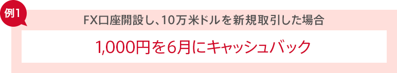 ＜例1＞FX口座開設し、10万米ドルを新規取引した場合 1,000円を6月にキャッシュバック
