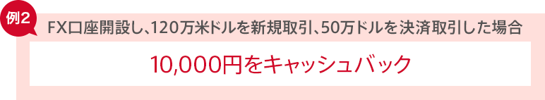 ＜例2＞FX口座開設し、120万米ドルを新規取引、50万ドルを決済取引した場合 10,000円をキャッシュバック
