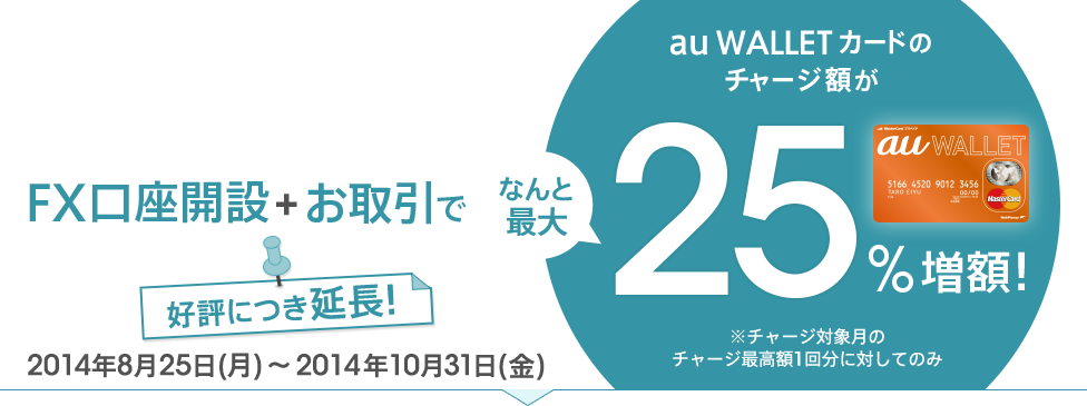 FX口座開設＋お取引でau WALLET カードのチャージ額がなんと最大25％増額！※チャージ対象月のチャージ最高額1回分に対してのみ 2014年8月25日（月）～2014年10月31日（金）好評につき延長！