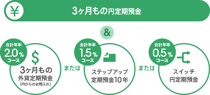 「3ヶ月もの円定期預金」＆「[合計年率2.0％コース] 3ヶ月もの外貨定期預金（円からのお預入れ）」または「[合計年率1.5％コース] ステップアップ定期預金10年」または「[合計年率0.5％コース] スイッチ円定期預金」