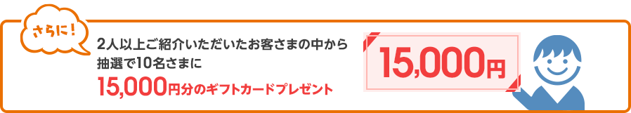 さらに！2人以上紹介いただいたお客さまの中から抽選で10名さまに15,000円のギフトカードプレゼント