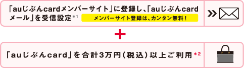 「auじぶんcardメンバーサイト」に登録し、「auじぶんcardメール」を受信設定+ 
「auじぶんcard」で合計3万円（税込）以上のご利用