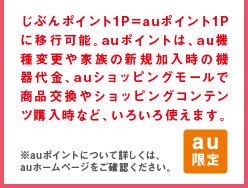 じぶんポイント1P=auポイント1Pに移行可能。auポイントは、au機種変更や家族の新規加入時の機器代金、auショッピングモールで商品交換やショッピングコンテンツ購入時など、いろいろ使えます。※auポイントについて詳しくは、auホームページをご確認ください。au限定