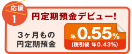 応援1 円定期預金デビュー！ 3ヶ月もの円定期預金 年0.55%（税引後 年0.43%）