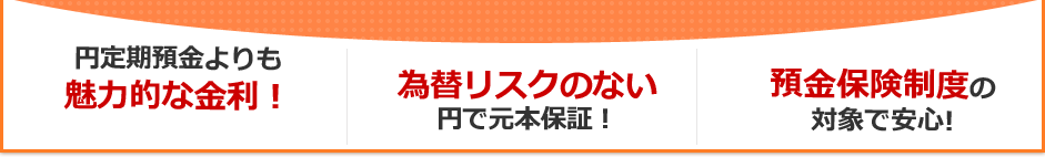 円定期預金よりも魅力的な金利！　為替リスクのない円で元本保証！　預金保険制度の対象で安心!