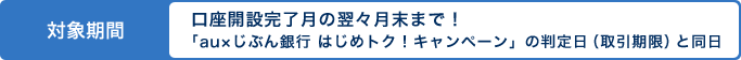 対象期間　口座開設完了月の翌々月末まで！「au×じぶん銀行 はじめトク！キャンペーン」の判定日(取引期限)と同日