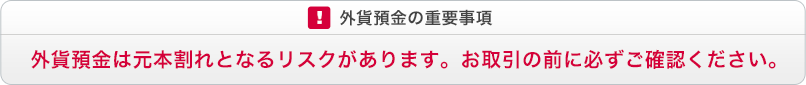 外貨預金の重要事項　外貨預金は元本割れとなるリスクがあります。お取引の前に必ずご確認ください。