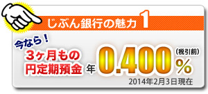 じぶん銀行の魅力1  今なら3ヶ月もの円定期預金 年0.400%(税引前) 2014年2月3日現在