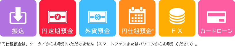 振込 円定期預金 外貨預金 円仕組預金* FX カードローン >*円仕組預金は、ケータイからお取引いただけません（スマートフォンまたはパソコンからお取引ください）。