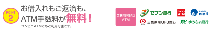 POINT2 お借入れもご返済も、ATM手数料が無料！コンビニATMでもご利用可能です。ご利用可能なATM セブン銀行 ローソンATM E-net 三菱東京ＵＦＪ銀行 ゆうちょ銀行