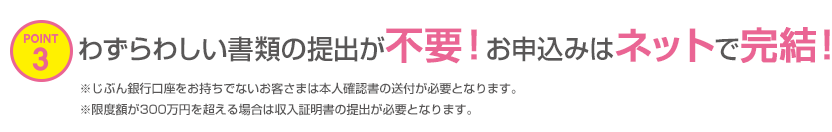 POINT3 わずらわしい書類の提出が不要！お申込みはネットで完結！※じぶん銀行口座をお持ちでないお客さまは本人確認書の送付が必要となります。※限度額が300万円を超える場合は収入証明書の提出が必要となります。