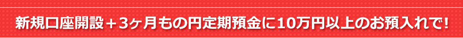 新規口座開設+3ヶ月もの円定期預金10万円以上お預入れで！