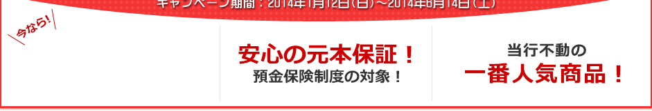 今なら！3ヶ月もの円定期預金 年0.4%（税引後 年0.31%）　安心の元本保証！預金保険制度の対象！　当行不動の一番人気商品！