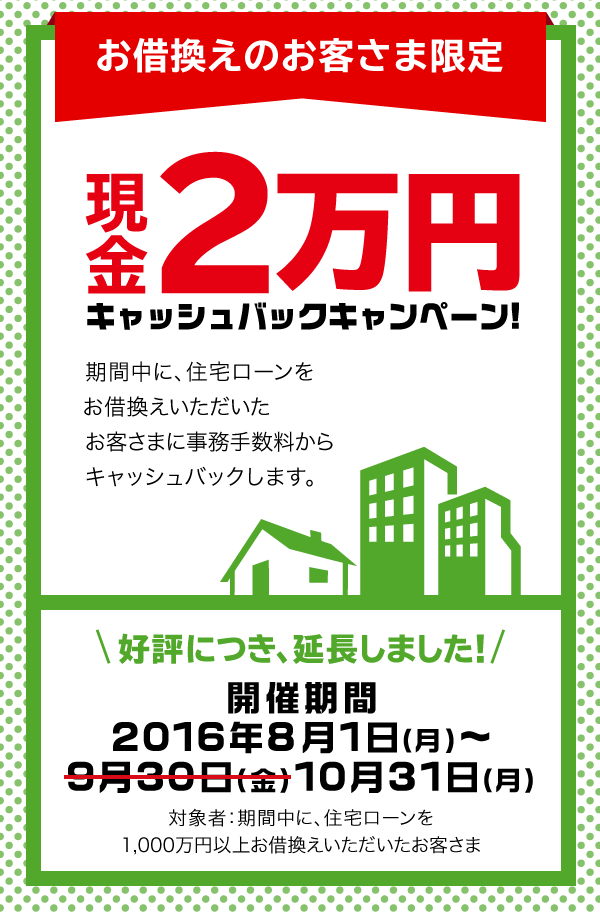 お借換えお客様限定 現金2万円キャッシュバックキャンペーン！