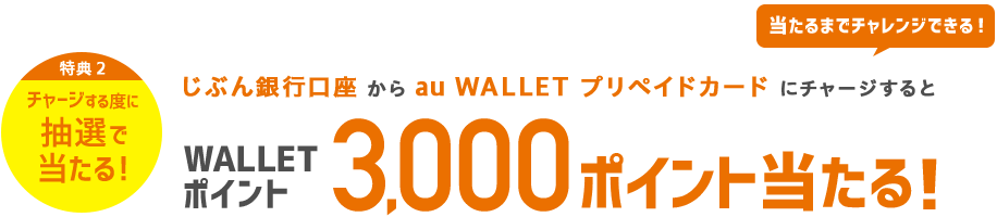 【特典2 チャージする度に抽選で当たる！】じぶん銀行口座からau WALLET プリペイドカードにチャージするとWALLET ポイント3,000ポイント当たる！[当たるまでチャレンジできる！]