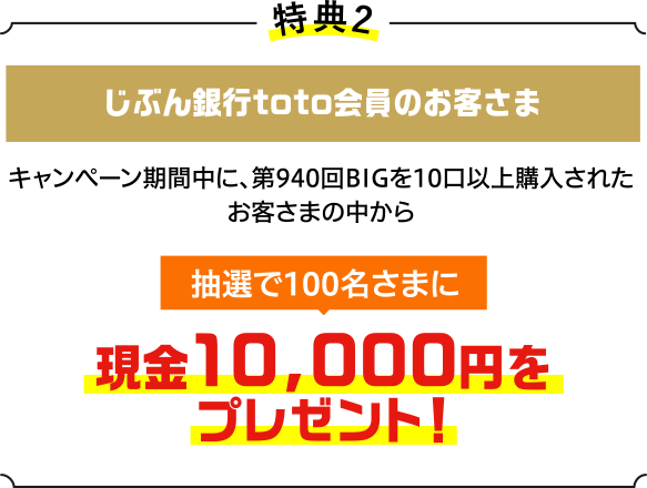 特典2 じぶん銀行toto会員のお客さま キャンペーン期間中に、第940回BIGを10口以上購入されたお客さまの中から抽選で100名さまに現金10,000円をプレゼント！