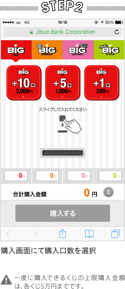STEP2 購入画面にて購入口数を選択 ※一度に購入できるくじの上限購入金額は、各くじ5万円までです。
