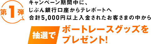 第1弾 キャンペーン期間中に、じぶん銀行口座からテレボートへ合計5,000円以上入金されたお客さまの中から 抽選でボートレースグッズをプレゼント！