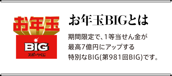 お年玉BIGとは期間限定で、1等当せん金が最高7億円にアップする特別なBIG(第981回BIG)です。