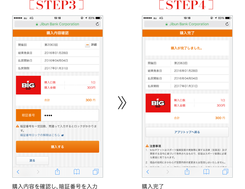 STEP3 購入内容を確認し、暗証番号を入力｜STEP4 購入完了